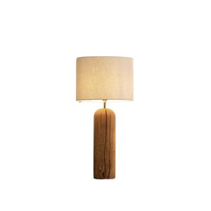 Lampe de table en bois et tissu beige.